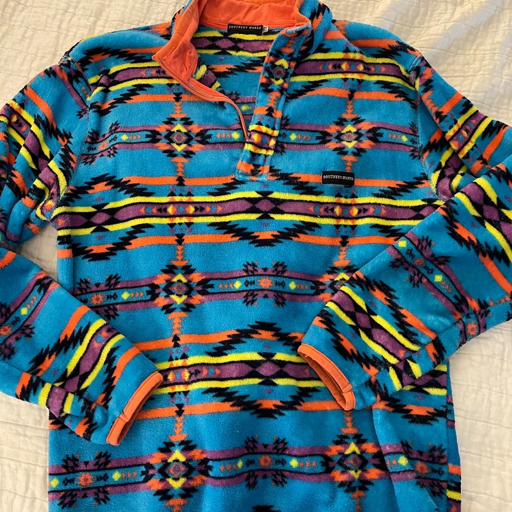 Southern Marsh Blue and Orange Cowl Neck Sweater